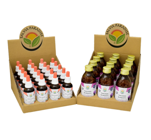 Salvia Paradise Produktübersicht – Verpackung von Tinkturen und pflanzlichen Extrakten